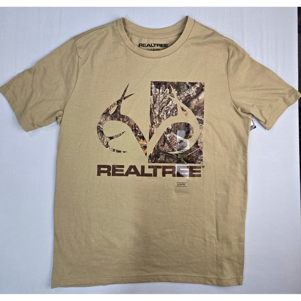 Realtree Boys Graphic T-Shirt‎ Tan Camo Antler Logo Size L 14/16 NWT